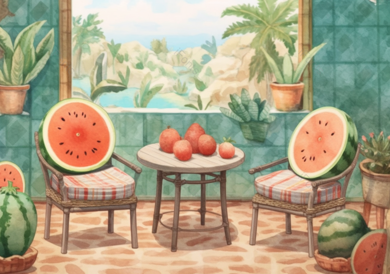 绿色夏日窗前桌椅西瓜蔬菜,插画/手绘图,插画/手绘图库,插画/手绘图下载,插画/手绘